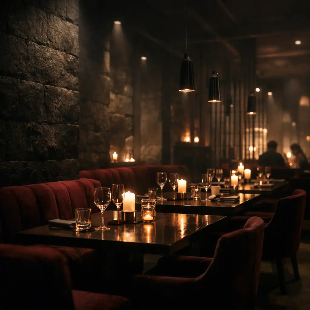 Gyertyafényes, bazaltfalú lounge enteriőr gondosan elhelyezett asztalokkal